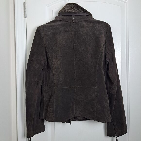 Ecru Genuine Leather acrylic in suede asymmetrical zip mix media brown coat sz M - Picture 3 of 8